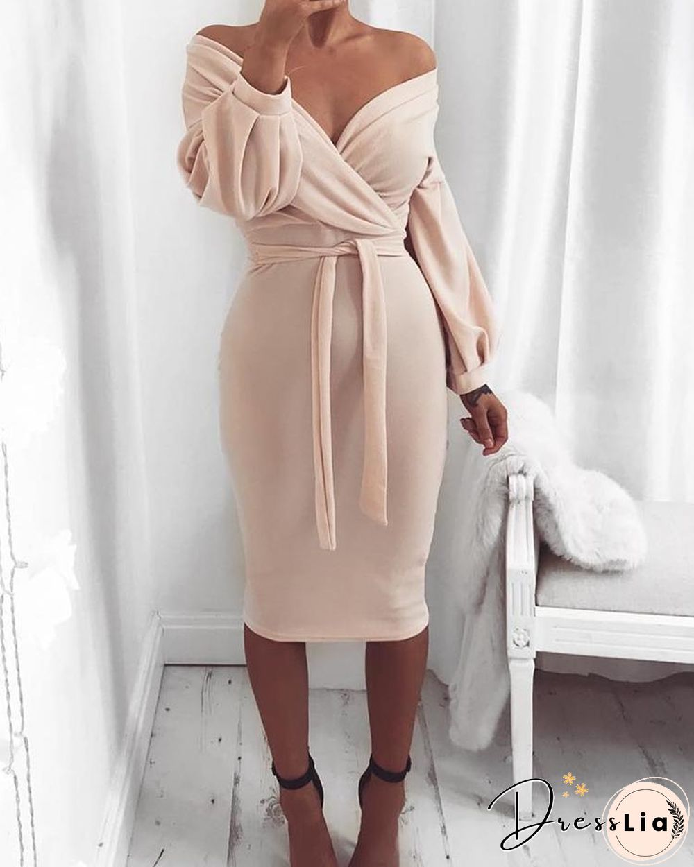 Off Shoulder Twisted Waist Tie Sexy Midi Dress P13670