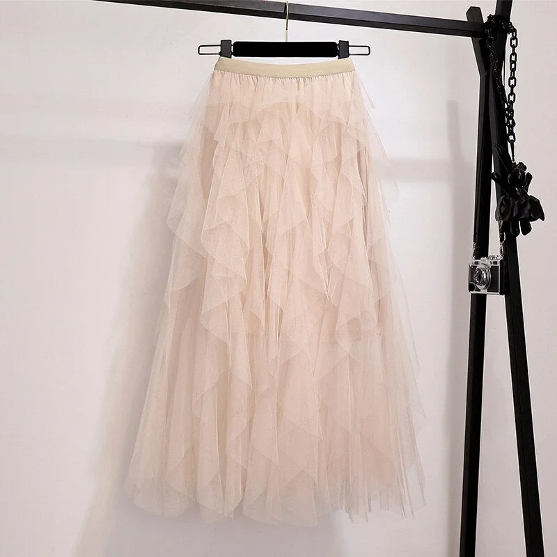 Summer Skirts Womens Fashion Irregular Mesh Tulle Skirt Elastic High Waist Mid Calf Tutu Long Skirt Women 2020 Ladies Skirts