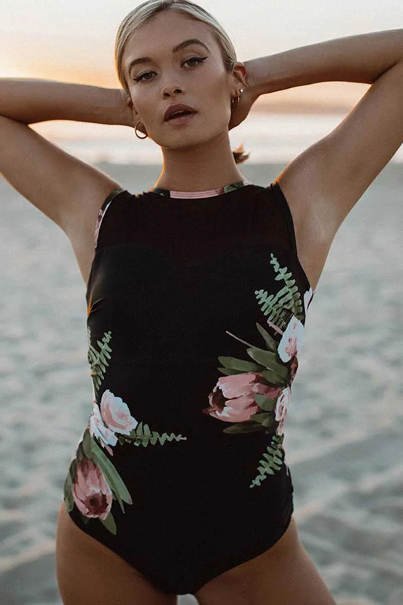 Black and Floral One Piece Swimsuit