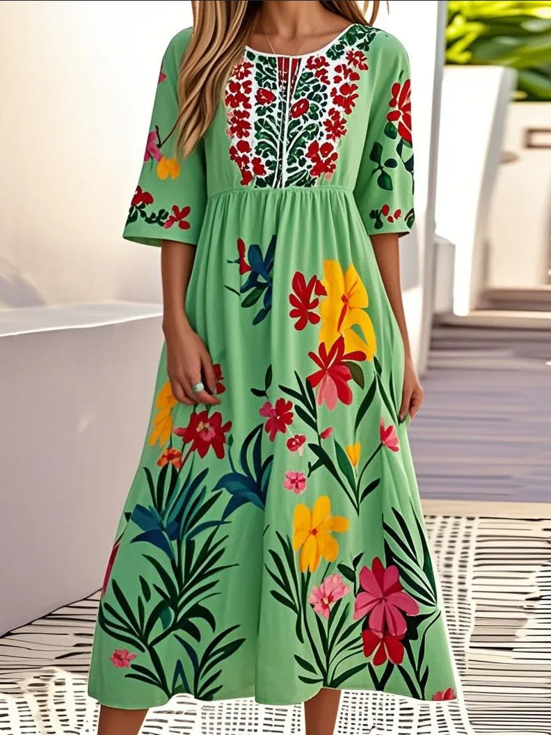 Women's Short Sleeve Scoop Neck Floral Printed Graphic Midi Dress