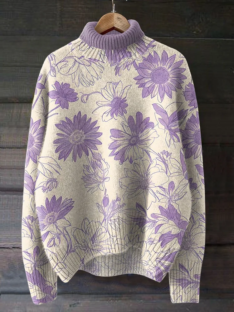 Flower In Purple Art Print Knit Turtleneck Pullover Sweater