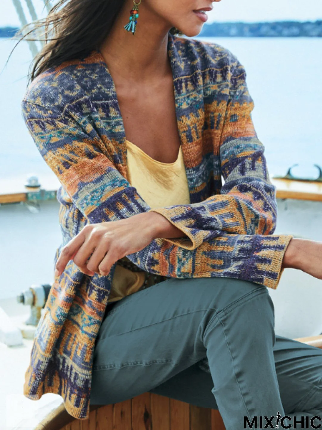 Women Vintage Ethnic Autumn Natural Heavyweight Micro-Elasticity Loose Standard Regular Sweater coat