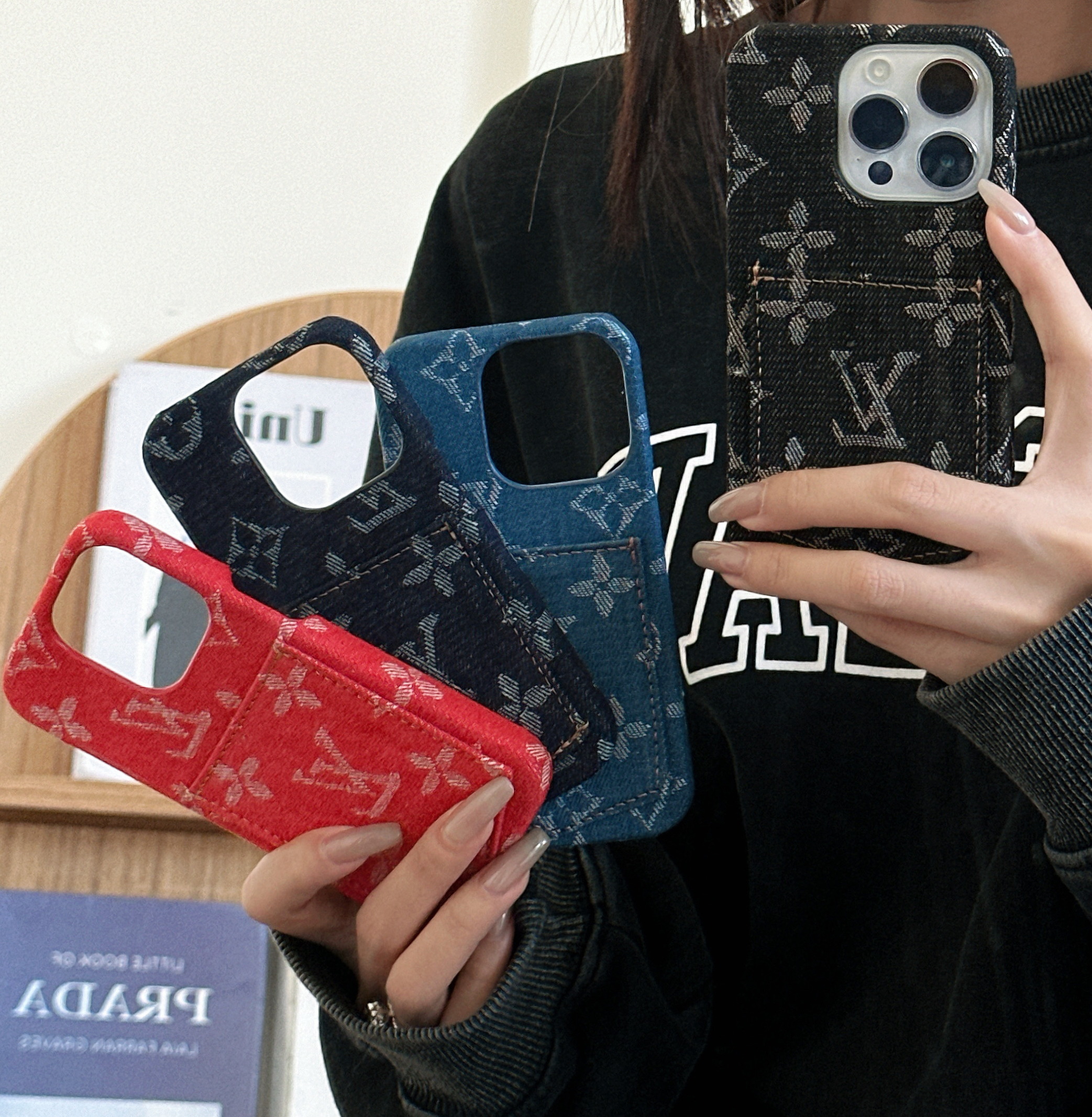 Denim Canvas LV Back Card Slot Apple iPhone Case