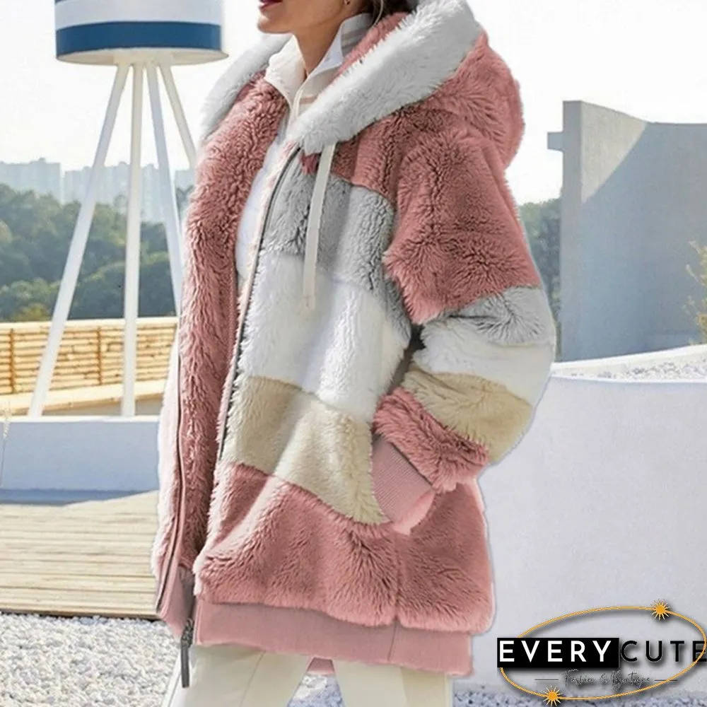 New Winter Womens Fashion Jacket Hooded Warm Plush Loose for Women Patchwork Outerwear