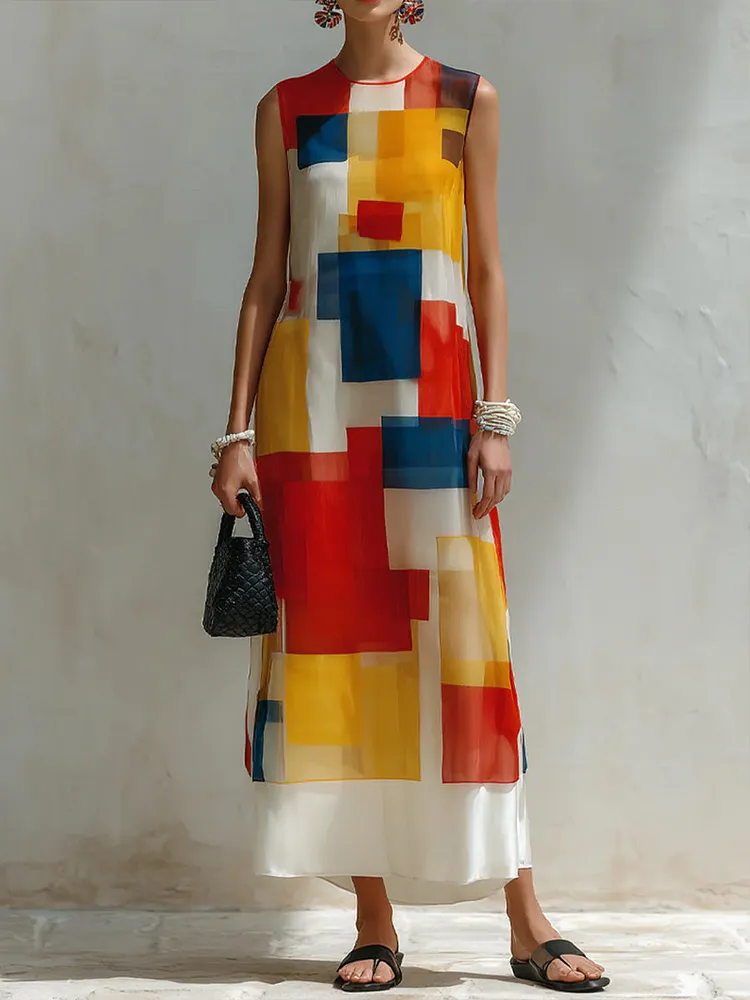 Women's Casual Loose Cotton-linen Dress With Abstract Geometric Print Round Neck And Sleeveless Design