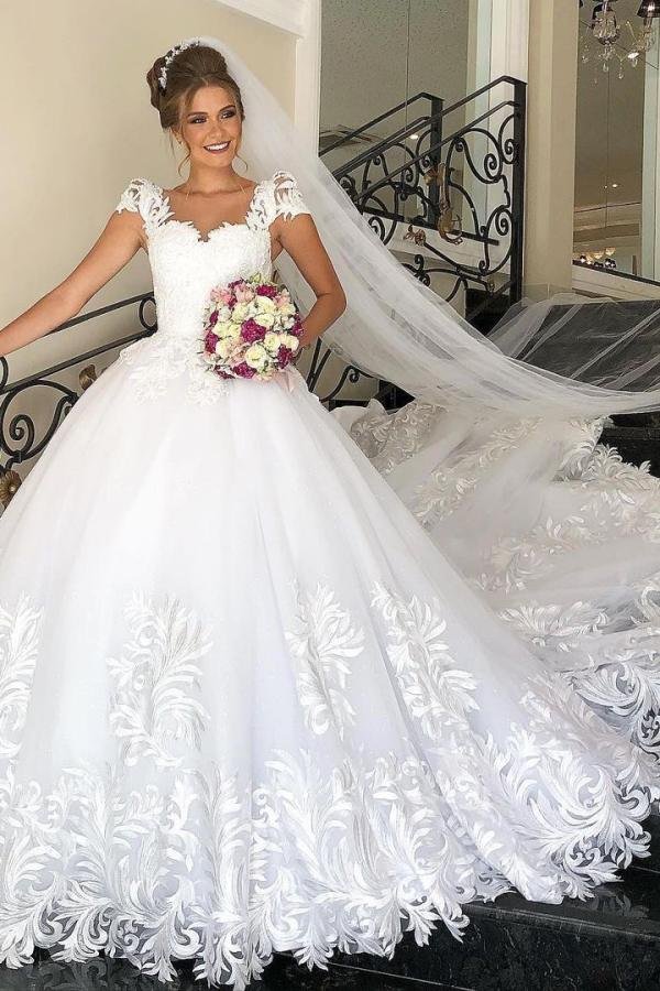 Beautiful Cap Sleeves Long Princess Wedding Dress With Tulle Lace | Ballbellas Ballbellas