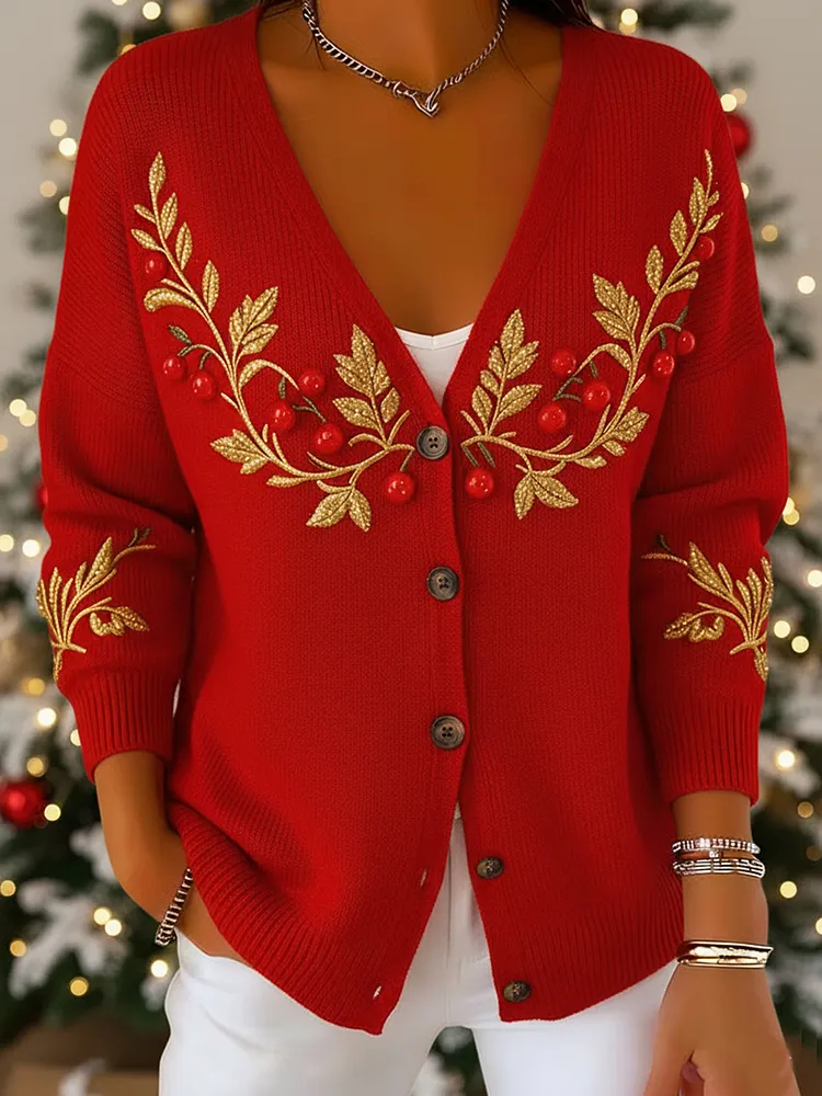 Vintage Christmas Holly Print Button Cardigan Sweater