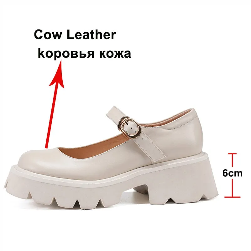 Meotina Mary Janes Shoes Women Natural Genuine Leather Platform High Heels Buckle Strap Thick Heel Ladies Footwear Spring Beige
