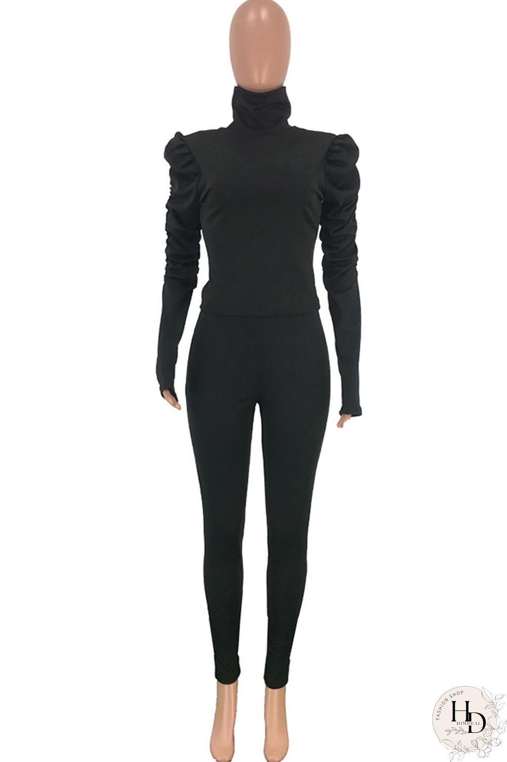 Black Polyester Casual Two Piece Suits Solid pencil Long Sleeve Two-piece Pants Set