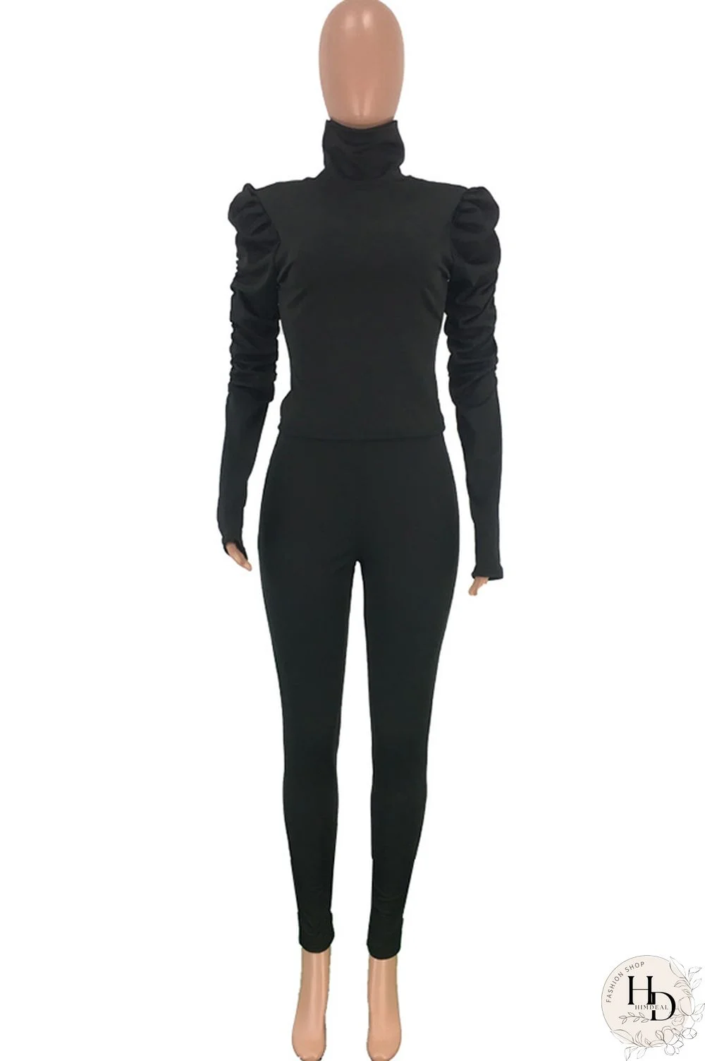 Black Polyester Casual Two Piece Suits Solid pencil Long Sleeve Two-piece Pants Set