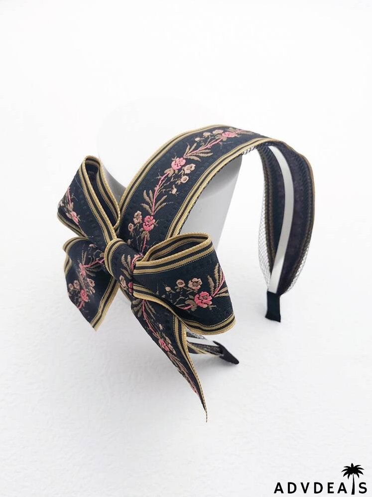 Flower Embroidered Bow Decor Headband