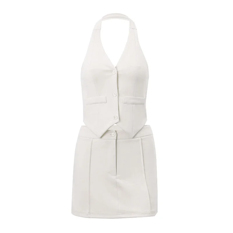 Uveng Uveng Women's Summer 2023 New Sexy Little West Fake Pocket Hanging Neck Vest Fashion A-Line Skirt Suit Female