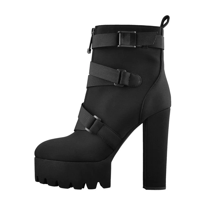 Onlymaker Platform Round Toe Zipper Strap 13cm Chunky Thick Heels Lycra Ankle Boots Plus Size For Autumn Winter Bootes