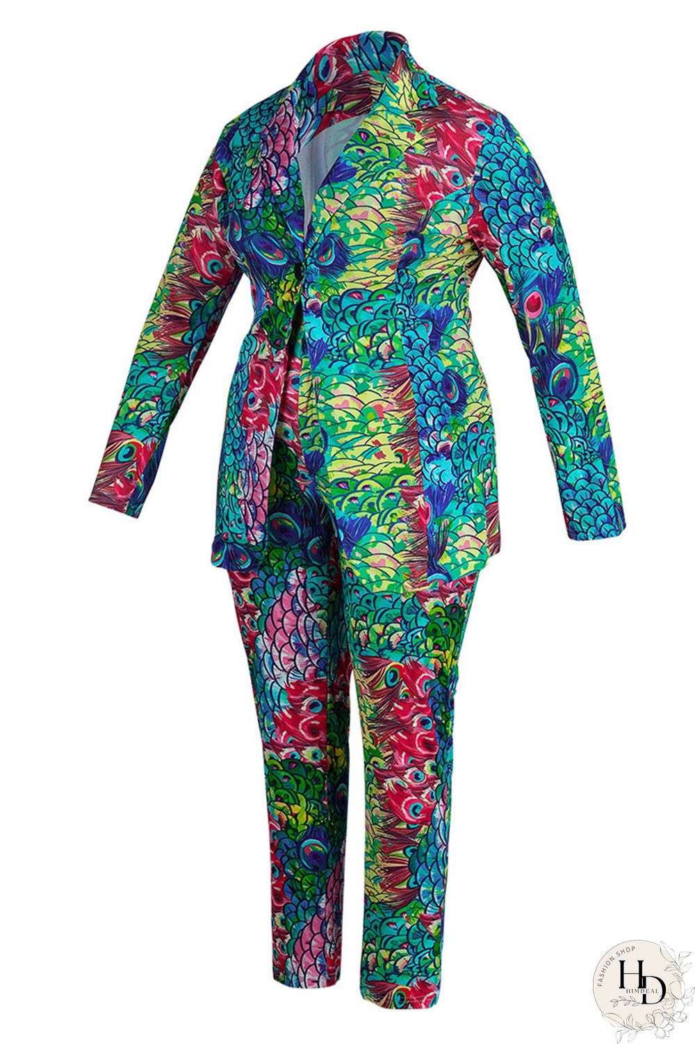 Turquoise Fashion Casual Print Cardigan Pants Turndown Collar Plus Size Two Pieces