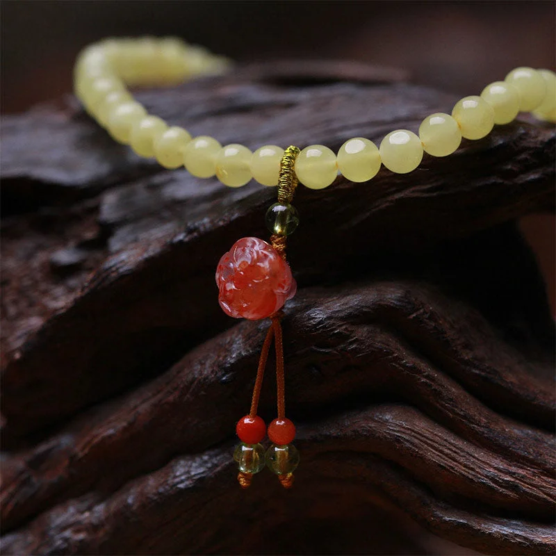 Amber Red Agate Lotus Harmony Charm Bracelet