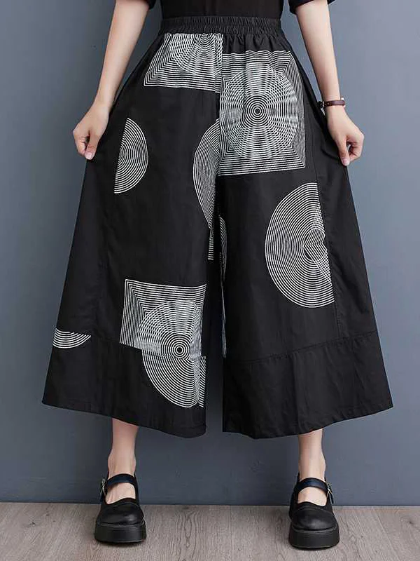 Elasticity Printed High Waisted Loose Pants Cropped Trousers