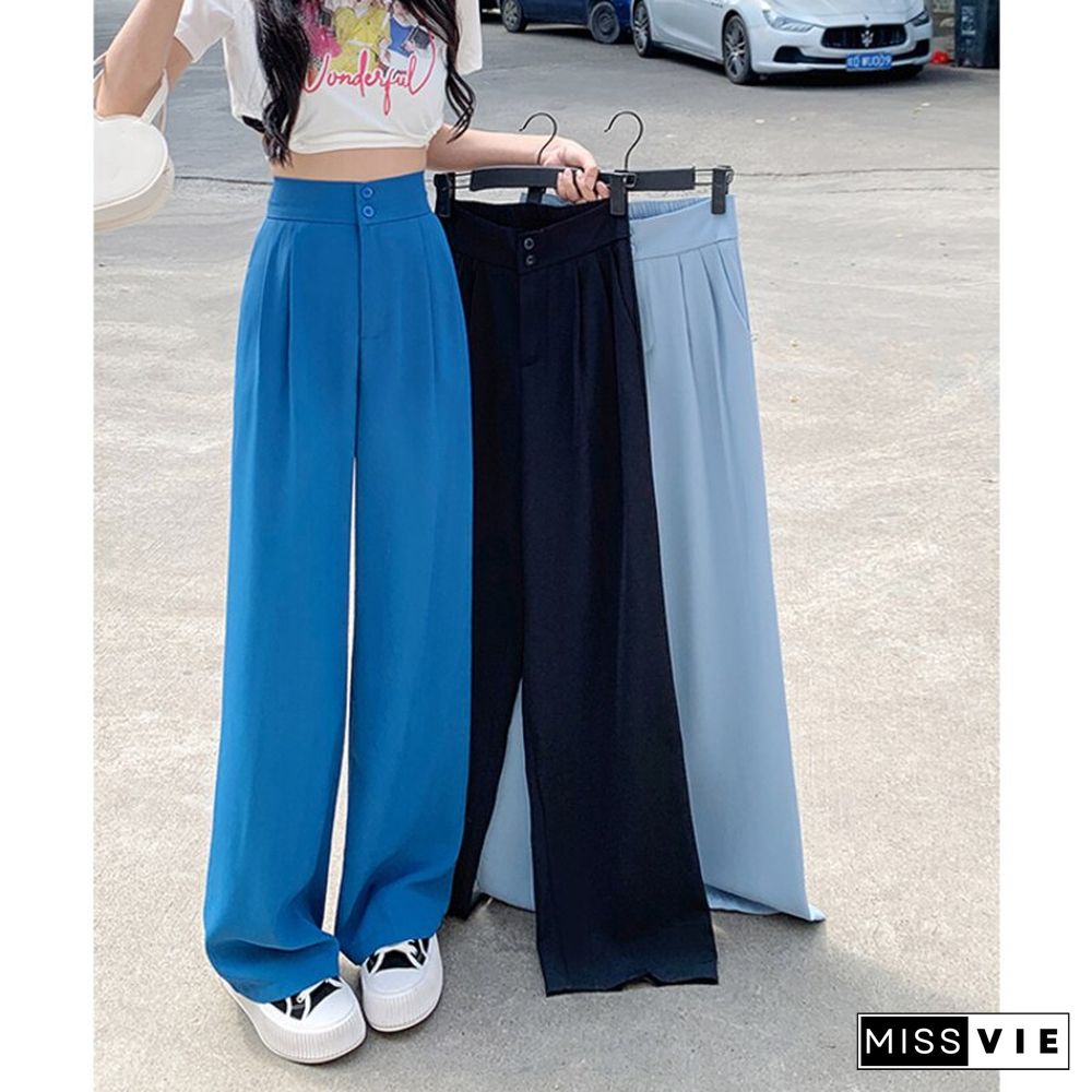 New Two-button Elastic Waist Suit Wide Leg Pants Women High Waist Loose Casual Trouser Female Fashion Baggies Bottom