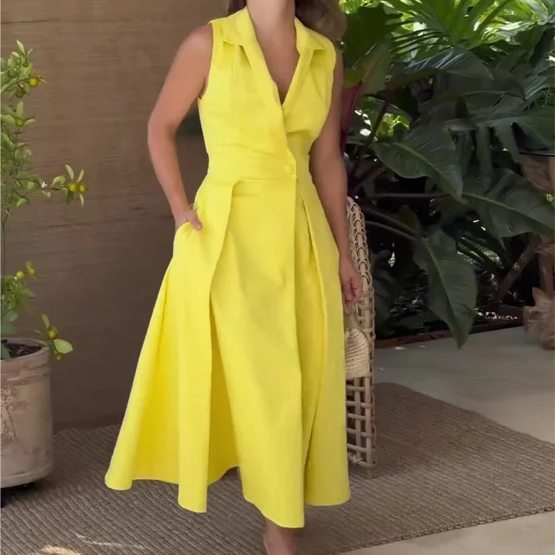 Ueong Ueong 2024 New V-Neck Sleeveless Solid Color Lapel Pleated Long Temperament Dress Female