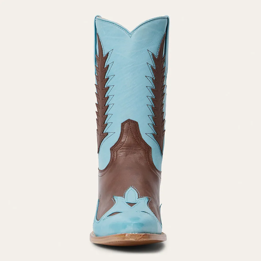 Blue & Brown Snip Toe Flame Underlay Stitching Cowgirl Boots