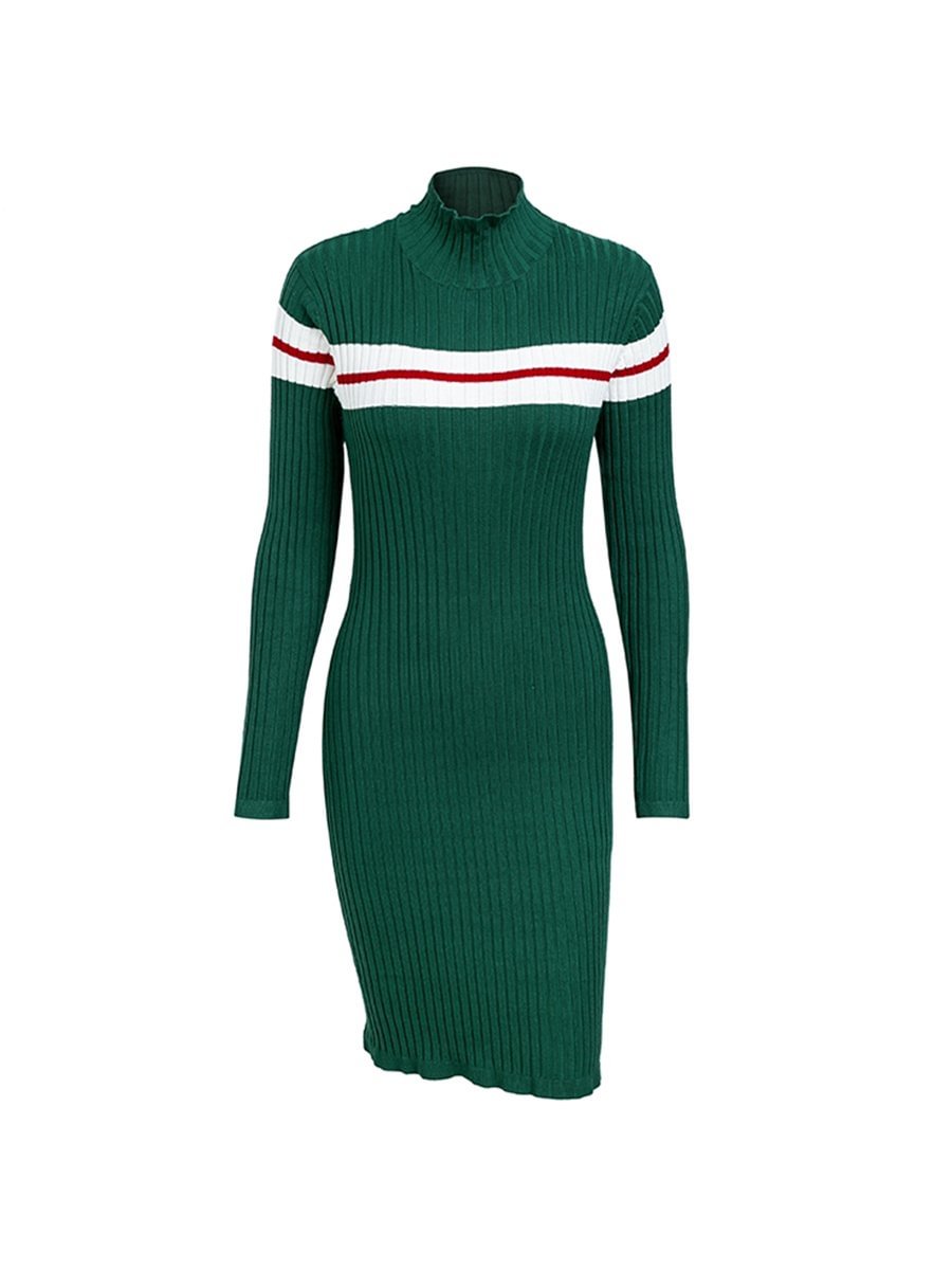 Casual Turtleneck Sweater Dress Crew neckline Knit Stripe Slim Dress