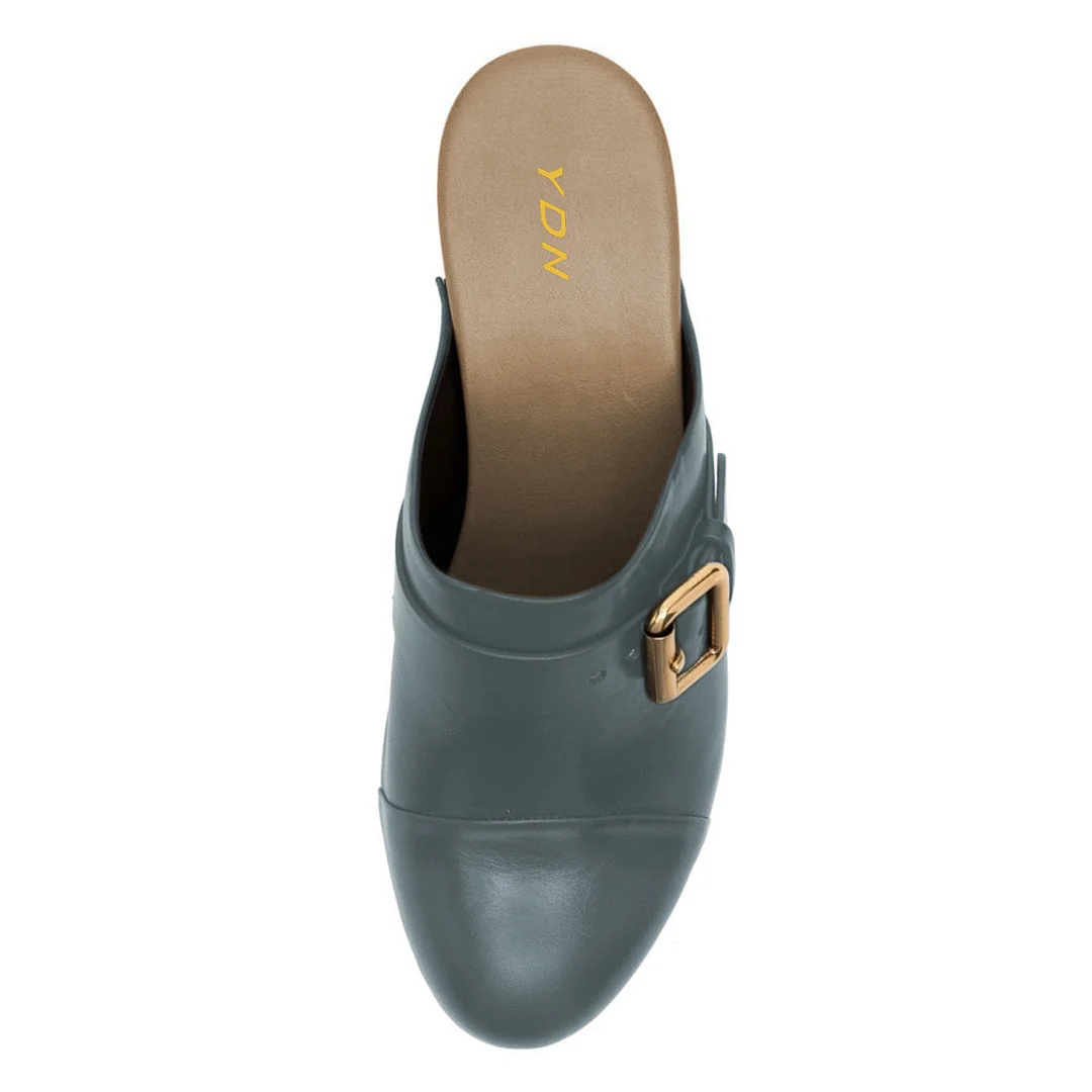 Studded Buckle Strap Round Toe Block Heel Platform Mules in Grey