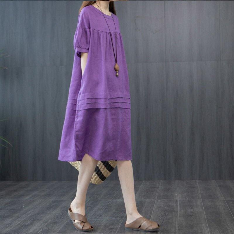 Cotton Dress Women's Casual Loose Plus Size Stitching Folds To Cover Belly Linen | EGEMISS