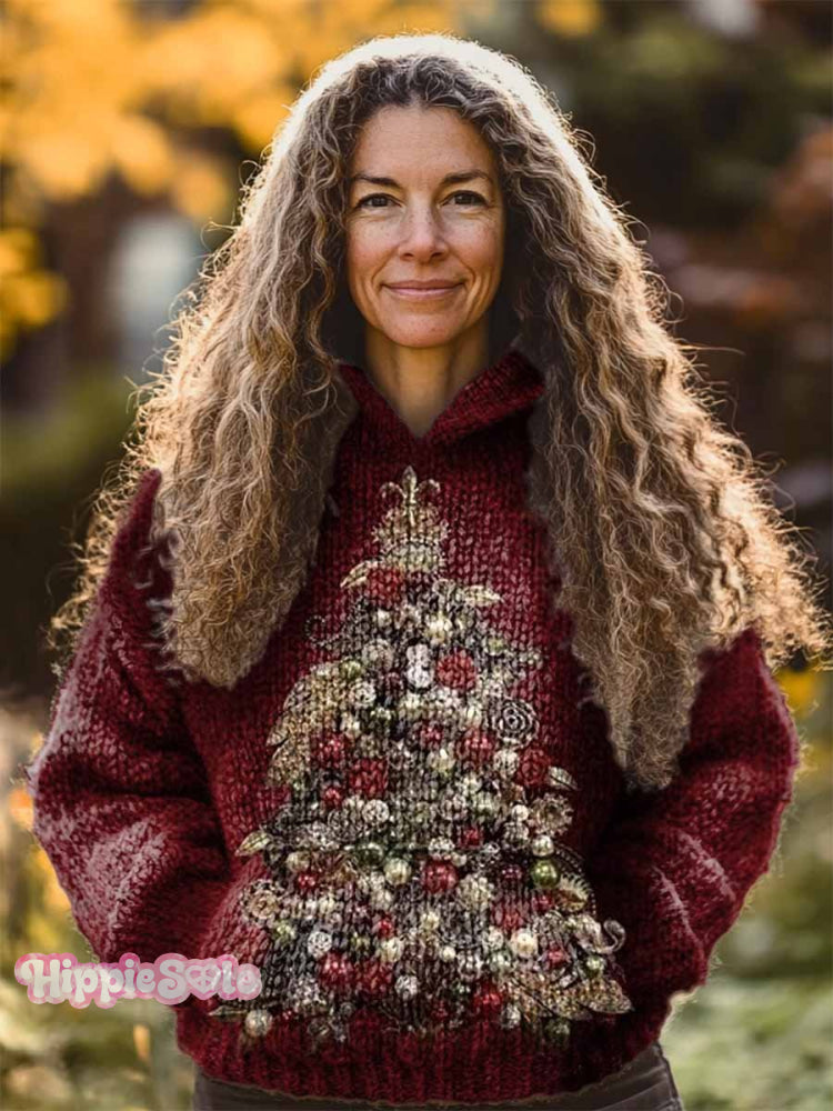 Women&rsquo;s Christmas Tree Art Patterns Print Knit Pullover Hooded Sweater Multicolor / S