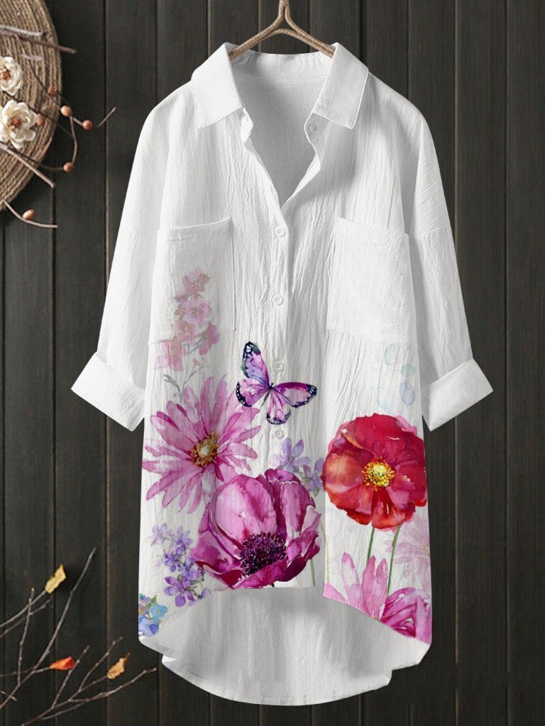 Artist Floral Print Cotton Linen Shirt