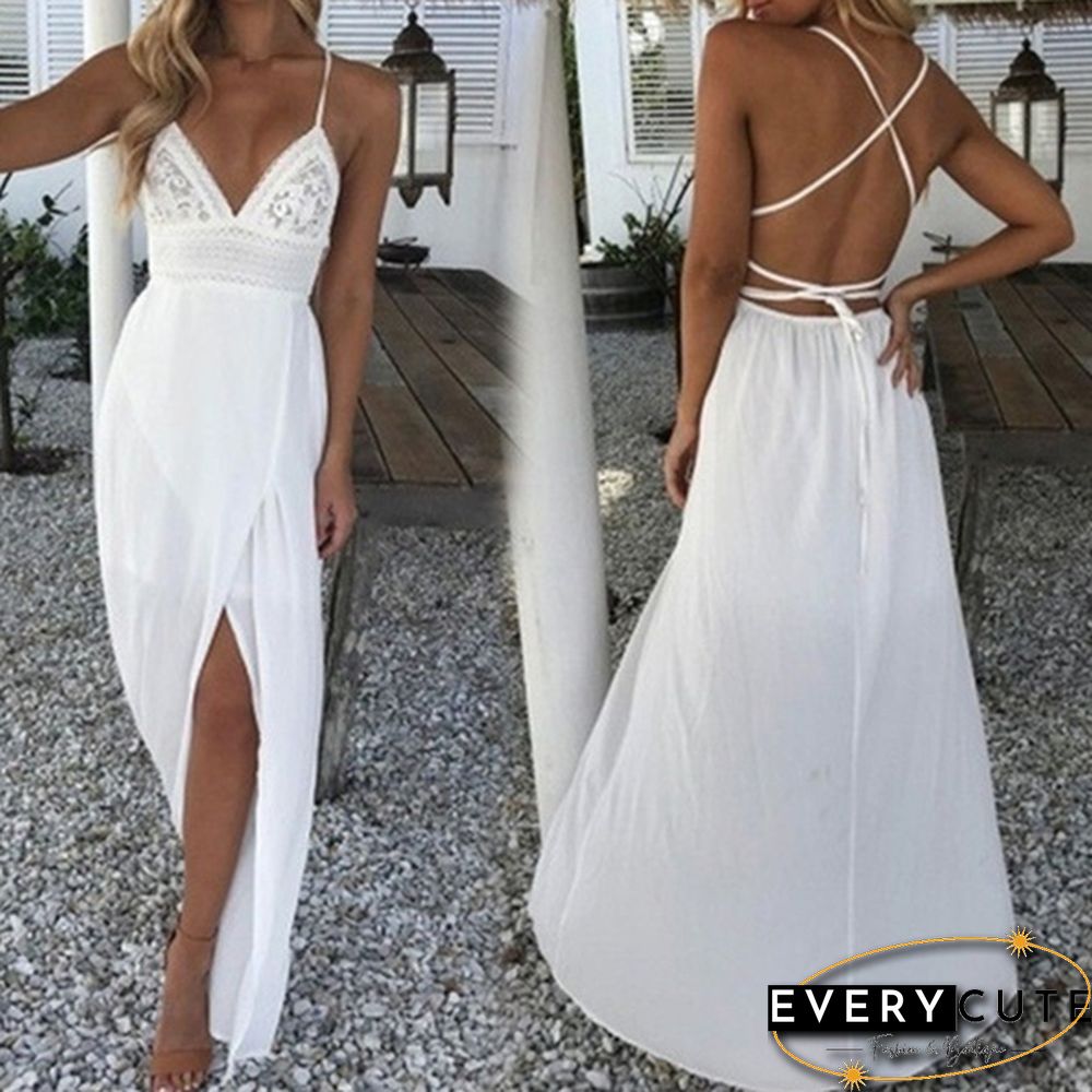 Boho Women Long Dress Backless Halter V Neck Maxi Beach Bohemia Dresses Sundress