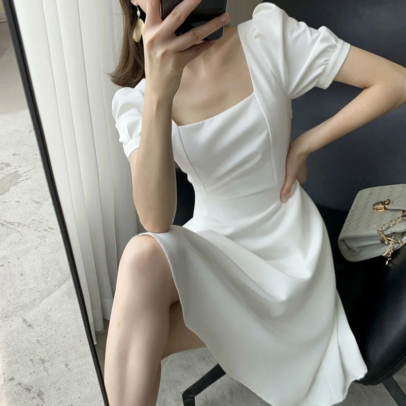 Uveng Uveng Summer New Retro Hepburn Wind Little Black Dress Fat Sister Waist Show Thin Square Collar Dress Women's Wear