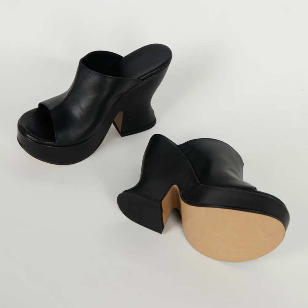 Black Round Toe Sculptural High Heeled Wide Strap Platform Mules