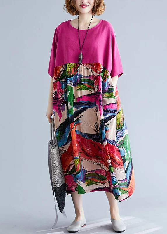 Boutique Rose Oversized Patchwork Print Cotton Maxi Dresses Half Sleeve