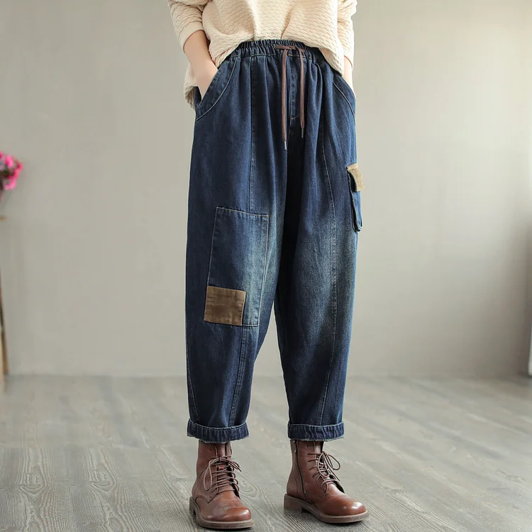 Autumn Retro Patchwork Loose Cotton Harem Jeans