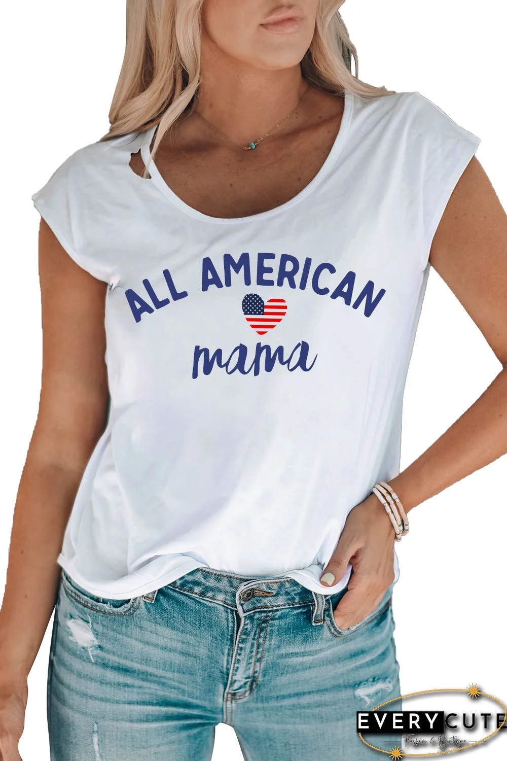 White All American Mama Heart Print Cut-out Short Sleeve T Shirt