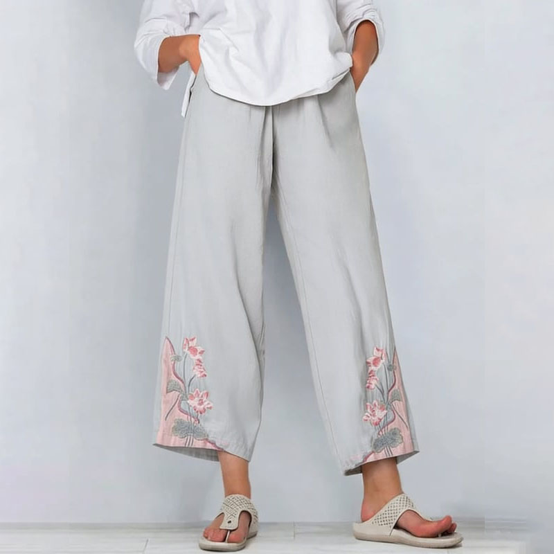 Women's Retro Color Block Floral Cotton Linen Pocket Casual Pants elevenforest
