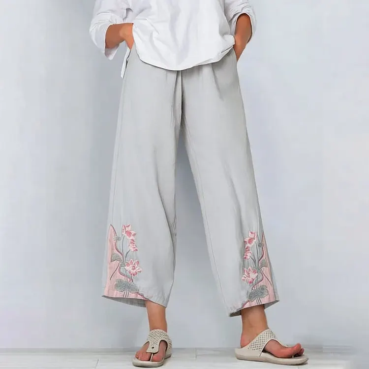 Women's Retro Color Block Floral Cotton Linen Pocket Casual Pants
