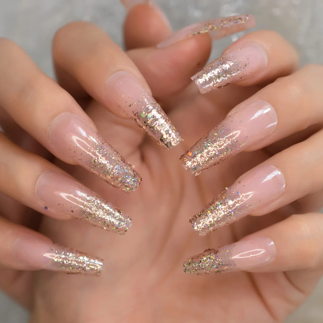 Clear Matte Base Press On Nail Gorgeous Gold Fire Flame Pattern Fashion Ballerina False Nails Extra Long 24-Nail Inspo