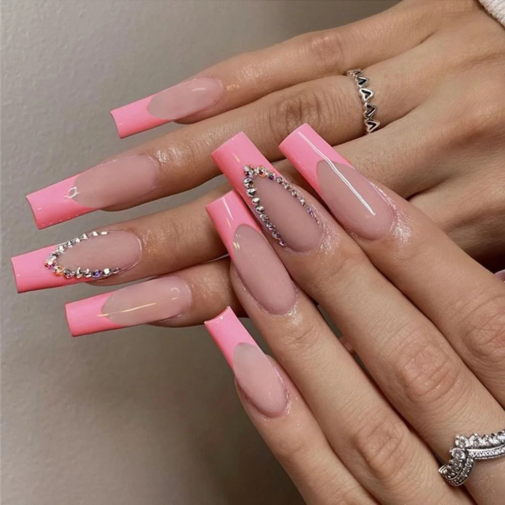 24pcs Rhinestone Long Ballerina False Nails With Designs Wearable Coffin Fake Nails Full Cover Press On Nail Tips DIY Accessory