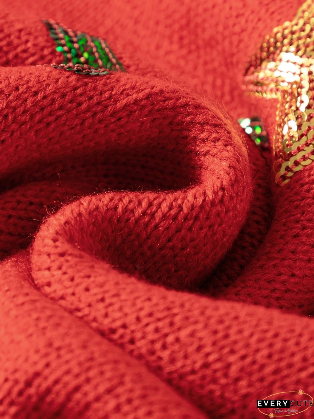 Festive Red Sequin Christmas Tree Sweater with Drop Shoulders