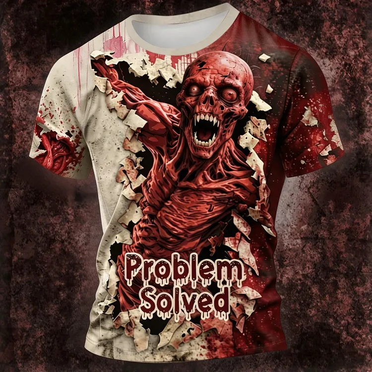 Men's Classic Halloween Bloody Skull With Bloody Problem Solved Art Short Sleeve T-shirt