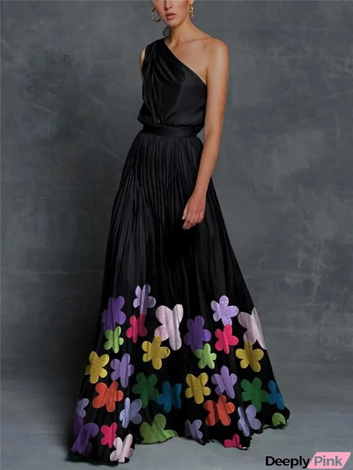 Black With Colorful Floral Embellished Charm One-Shoulder Swing Dress For Party