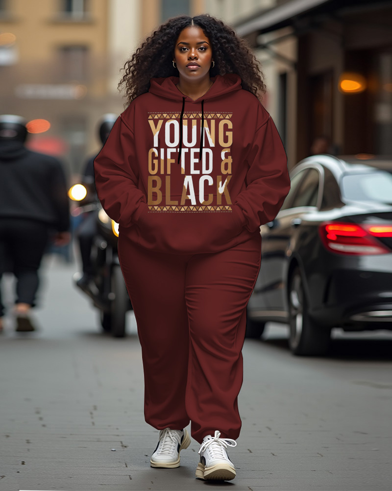 Women's Plus Size Letter Print Long Sleeve Hoodie And Casual Pants Set