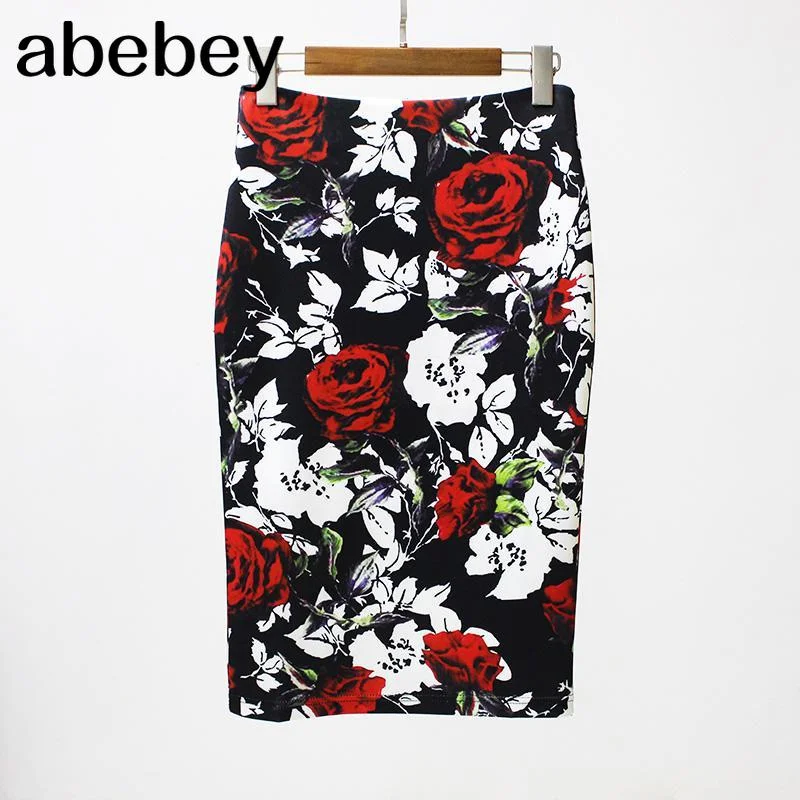 Abebey   Summer Style Pencil Skirt Women High Waist Green Skirts Vintage Elegant Bodycon Floral Print Midi Skirt
