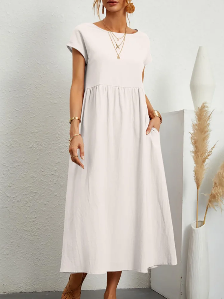 Uveng Uveng Solid Color Sleeveless Loose Cotton Into Pocket Dress