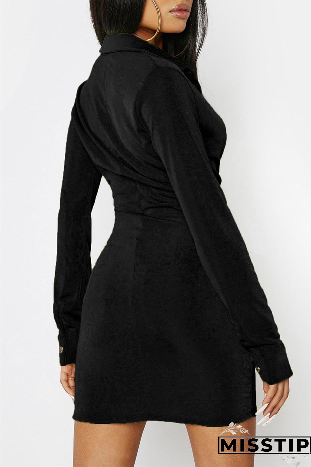 Green Fashion Casual Solid Buckle V Neck Long Sleeve Dresses