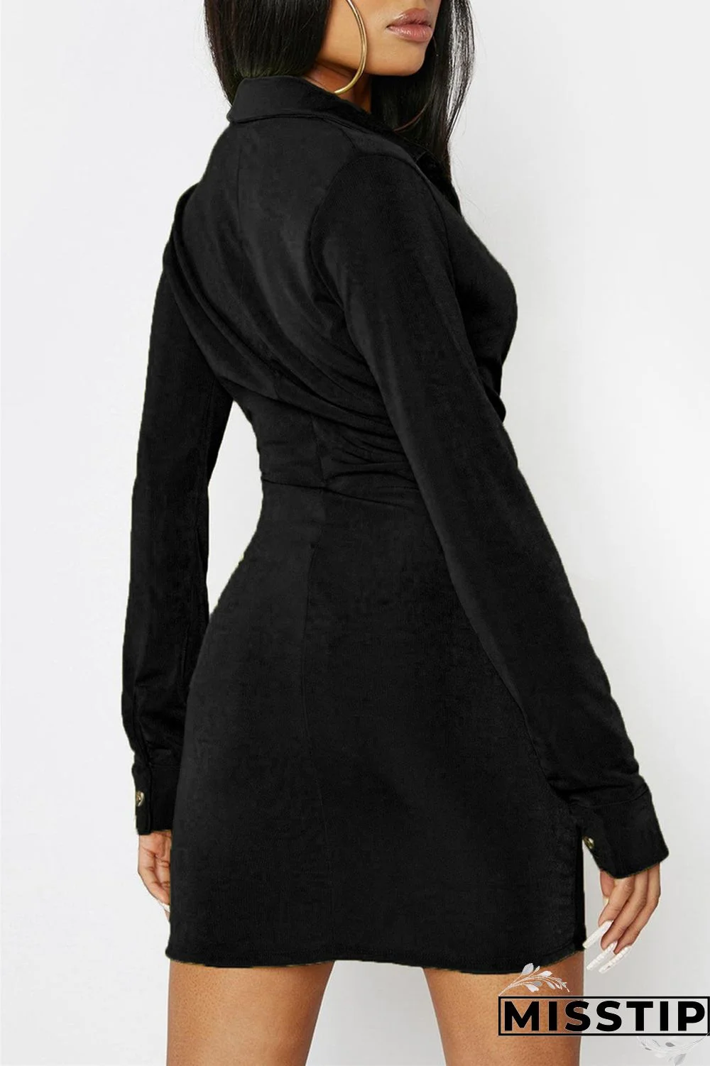 Green Fashion Casual Solid Buckle V Neck Long Sleeve Dresses