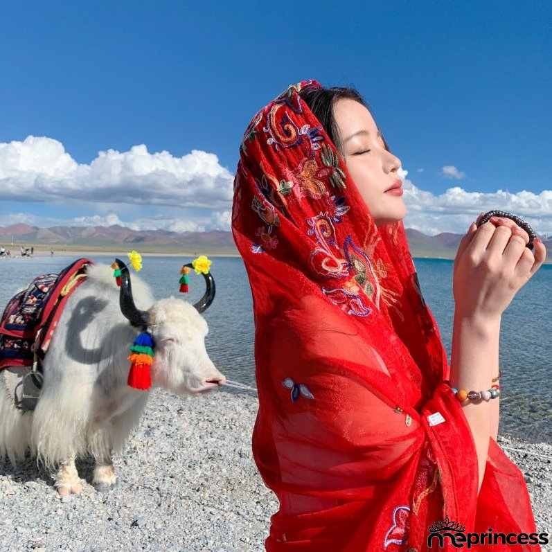 New Super Large Imitation Silk Embroidered Scarf Big Red Shawl with Flower Hat