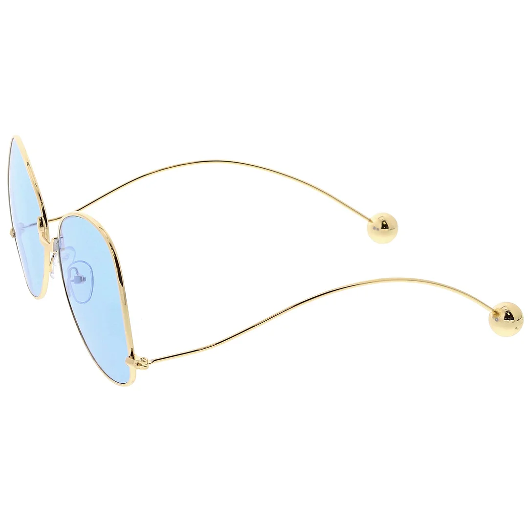 Women's Metal Butterfly glasses Thin Curved Arms Ball Accent Color Tinted Flat Lens 56mm