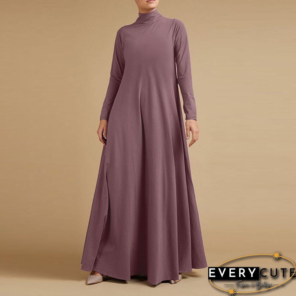 Women Autumn Elegant Plain Kaftan Long Shirt Dress Turtleneck Loose Full Sleeve Midi Dress Plus