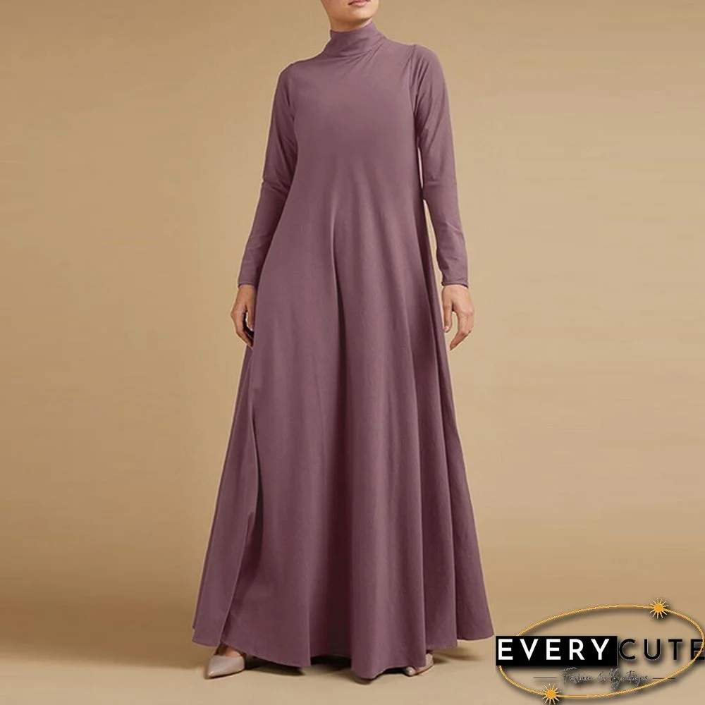 Women Autumn Elegant Plain Kaftan Long Shirt Dress Turtleneck Loose Full Sleeve Midi Dress Plus